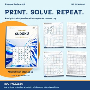 Diagonal Sudoku 9x9: 800 Printable Puzzles with Answers imagen 10