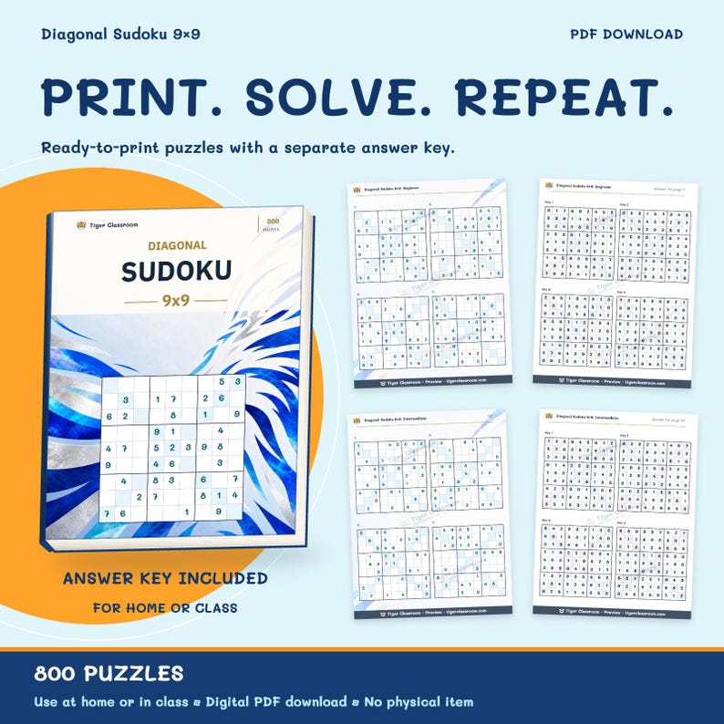 Diagonal Sudoku 9x9: 800 Printable Puzzles with Answers imagen 10