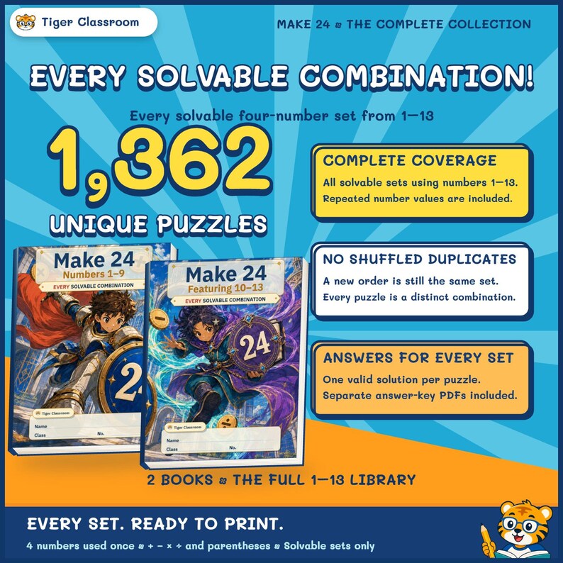 Make 24 Printable Math Puzzles: All Possible Solvable Sets, 1–13 Bundle image 2
