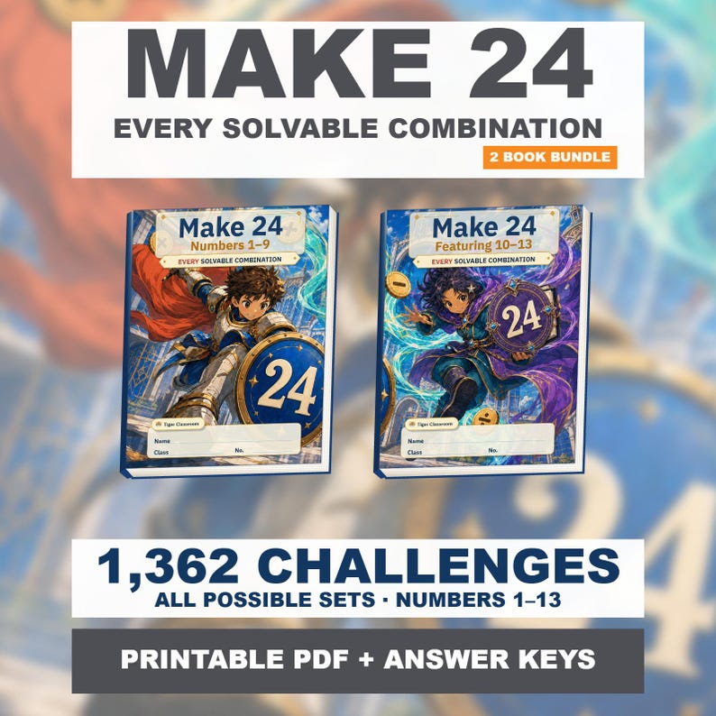 Make 24 Printable Math Puzzles: All Possible Solvable Sets, 1–13 Bundle image 1
