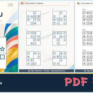 以下が含まれることがあります： PDF形式の1,200個のピクチャー数独4x4パズルデジタルコレクション。ページには円、三角形、四角形、星のグリッドが含まれています。表紙と内側のページには、Tiger Classroomのロゴとカラフルな抽象グラフィックが表示されています。