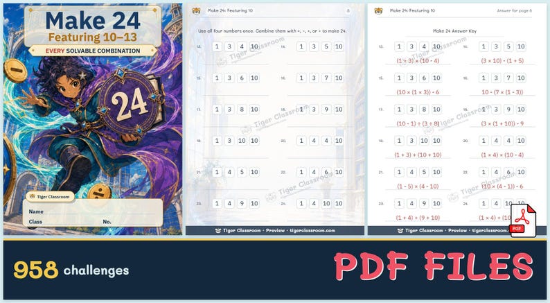 Make 24 Printable Math Puzzles: All Possible Solvable Sets Featuring 10–13 image 12