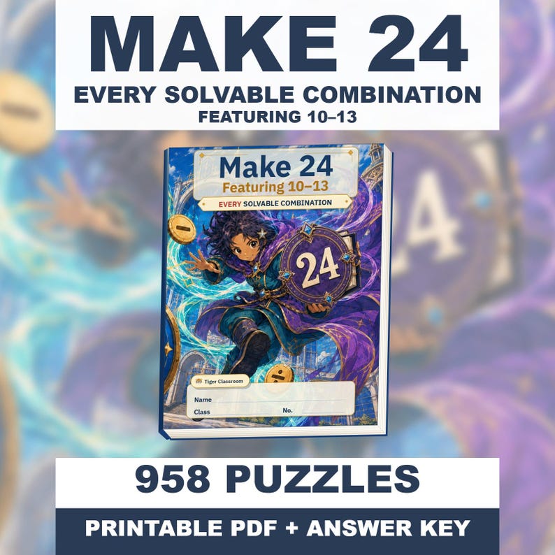 Make 24 Printable Math Puzzles: All Possible Solvable Sets Featuring 10–13 image 1