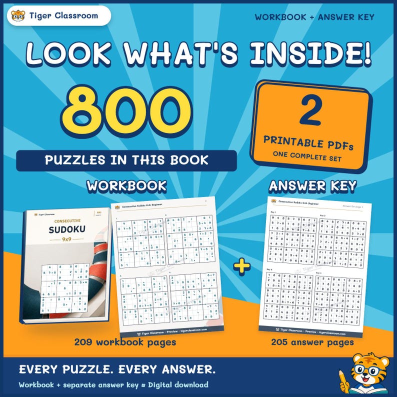 Consecutive Sudoku 9x9: 800 Printable Puzzles with Answers image 2