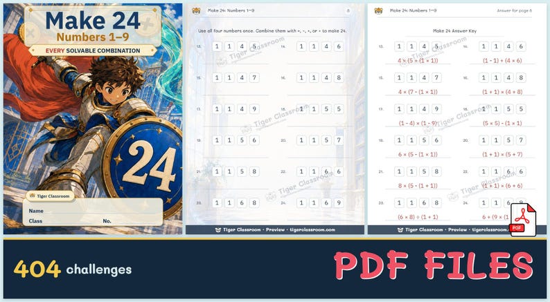 Make 24 Printable Math Puzzles: All Possible Solvable Sets, Numbers 1–9 image 12