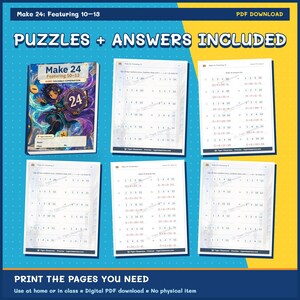 May include: A digital PDF download titled Make 24: Featuring 10-13, containing math puzzle worksheets and answer keys. The cover features an illustrated character, and the pages display numerical equations for students to solve using basic operations.