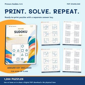 以下が含まれることがあります： 1,200問の4x4絵柄付き数独パズルのデジタルPDFダウンロード。表紙には「PICTURE SUDOKU 4x4」の文字と図形のグリッドが描かれています。4枚のサンプルページには、円、三角形、四角形、星形のグリッドが表示されています。テキストには「PRINT. SOLVE. REPEAT.」と記載されています。