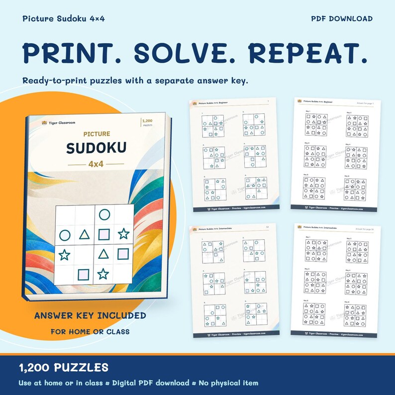 以下が含まれることがあります： 1,200問の4x4絵柄付き数独パズルのデジタルPDFダウンロード。表紙には「PICTURE SUDOKU 4x4」の文字と図形のグリッドが描かれています。4枚のサンプルページには、円、三角形、四角形、星形のグリッドが表示されています。テキストには「PRINT. SOLVE. REPEAT.」と記載されています。