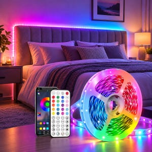 May include: A flexible LED light strip wound on a plastic spool, accompanied by a smartphone displaying a color control app and a rectangular remote control with multiple colored buttons for adjusting lighting modes and brightness levels.