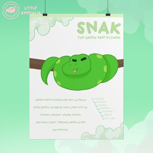 May include: A white educational poster featuring a cartoon green tree python coiled on a brown branch. The text reads SNAK THE GREEN TREE PYTHON, along with facts about its color change and a taxonomic classification list in light green font.