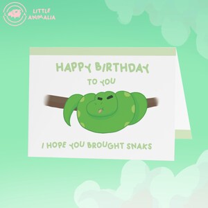 May include: A white greeting card featuring a cartoon green snake coiled around a brown branch. The text reads: HAPPY BIRTHDAY TO YOU and I HOPE YOU BROUGHT SNAKS. The snake has a small tongue sticking out and a playful expression on its face.