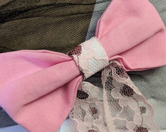 Pink lace hair bow, "lolita" fashion style bow hair clip, cute pink floral cotton bow ~ Clip-in hair accessories for women and girls