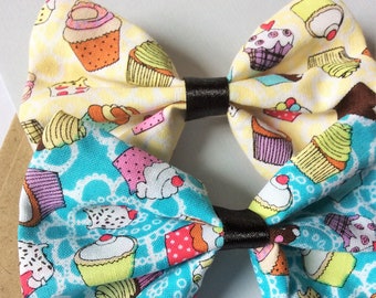 Cute hair bow, kitsch cupcake pattern fabric bow hair clip (yellow/blue) ~ clip in hair accessories (choice of 2)