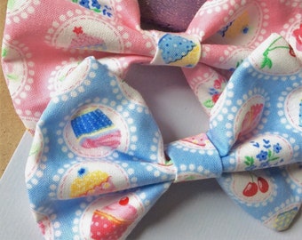 Cute "kawaii" hair bow, cherry cupcake pattern fabric bow hair clip (pink/blue) ~ clip in hair accessories (choice of 2)