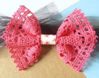 Rustic pink cotton lace hair bow with floral pattern fabric, cute pink bow hair clip for women and girls