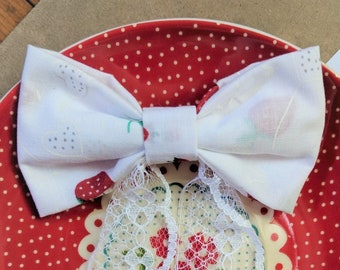 Cute strawberry print lace fabric hair bow, "lolita" fashion style bow hair clip ~ Clip-in hair bows for women and girls