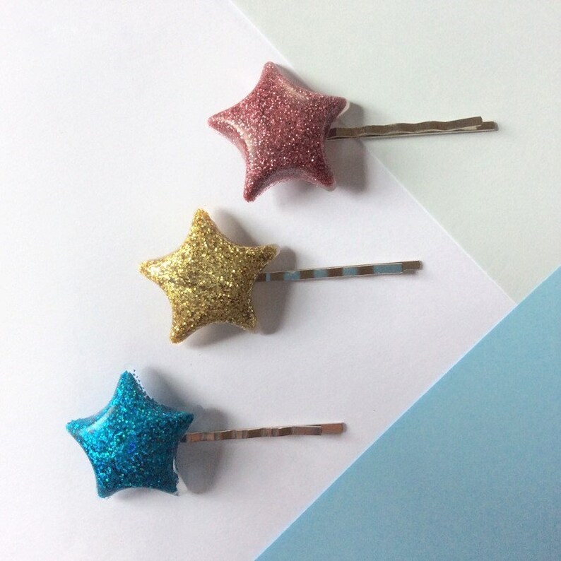 Glitter ster bobby pin haarclips, 2 stuks ster haarclip set 6 kleuren Leuke clip in ster haaraccessoires, hars kunst haarclip afbeelding 5