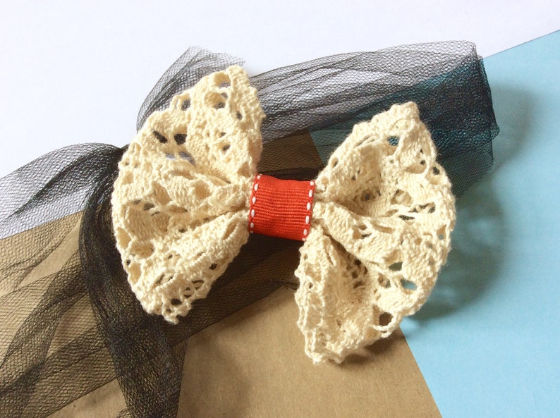 Rustic cotton lace ribbon bow hair clip, cute cream and red hair bow Autumn fashion hair accessories for women and girls image 1