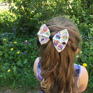 Cute hair bow, kitsch cupcake pattern fabric bow hair clip yellow/blue clip in hair accessories choice of 2 image 9