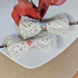 Rustic lace bow hair clip set of 2 pink/blue floral fabric bobby pin hair accessories for wedding, women and girls image 3