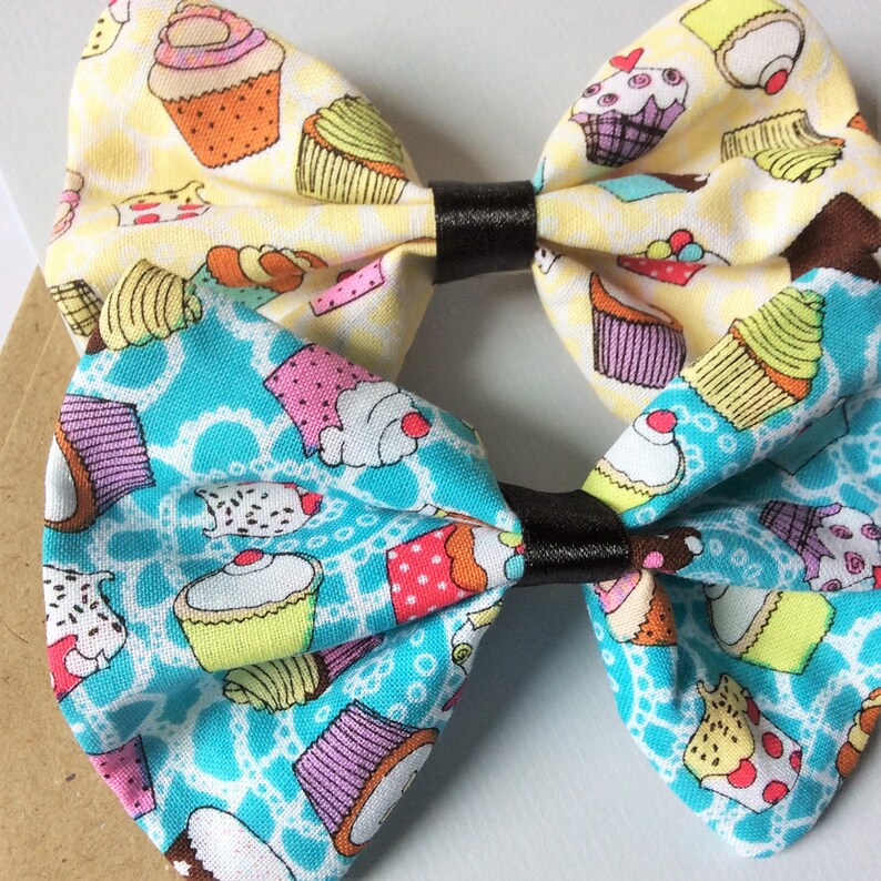 Cute hair bow, kitsch cupcake pattern fabric bow hair clip yellow/blue clip in hair accessories choice of 2 image 1