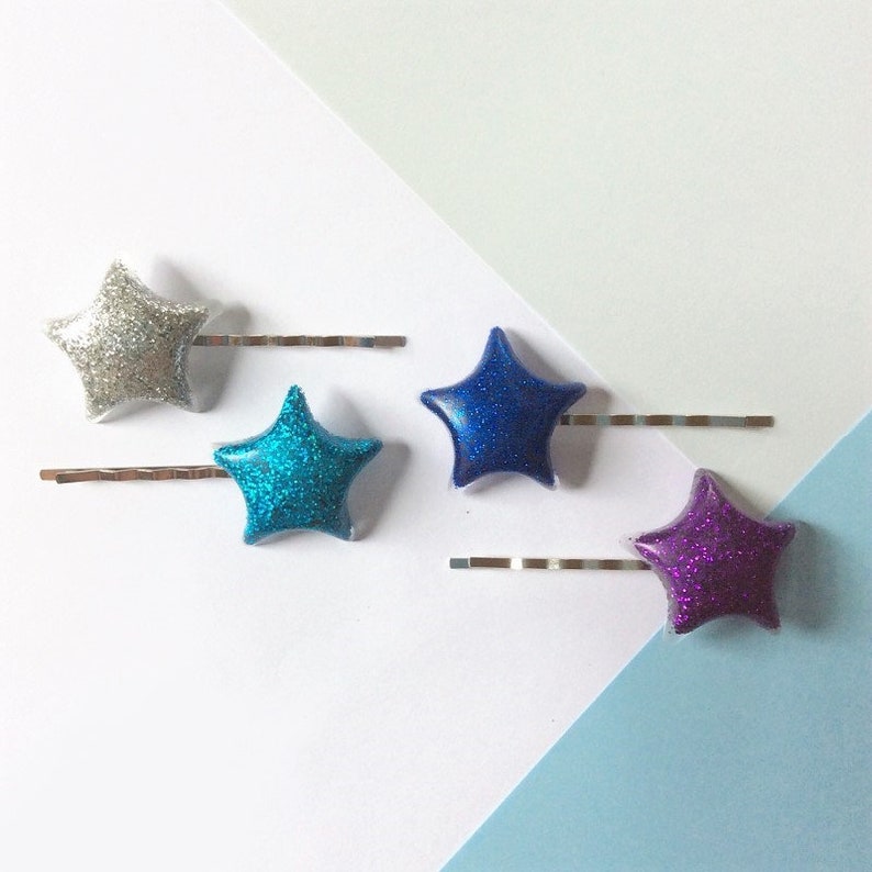 Glitter star bobby pin hair clips, 2 pcs star hair clip set 6 colours Cute clip in star hair accesssories, resin art hair clip image 9