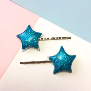 Glitter star bobby pin hair clips, 2 pcs star hair clip set 6 colours Cute clip in star hair accesssories, resin art hair clip image 4