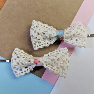 Rustic lace bow hair clip set of 2 pink/blue floral fabric bobby pin hair accessories for wedding, women and girls image 2