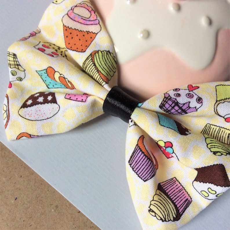 Cute hair bow, kitsch cupcake pattern fabric bow hair clip yellow/blue clip in hair accessories choice of 2 image 3