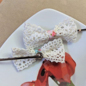 Rustic lace bow hair clip set of 2 pink/blue floral fabric bobby pin hair accessories for wedding, women and girls image 5