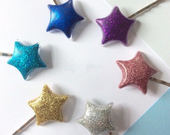 Glitter star bobby pin hair clips, 2 pcs star hair clip set (6 colours) ~ Cute clip in star hair accesssories, resin art hair clip