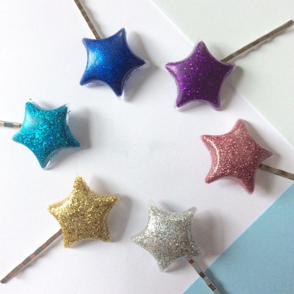 Glitter star bobby pin hair clips, 2 pcs star hair clip set (6 colours) ~ Cute clip in star hair accesssories, resin art hair clip