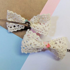 Rustic lace bow hair clip set of 2 pink/blue floral fabric bobby pin hair accessories for wedding, women and girls image 4