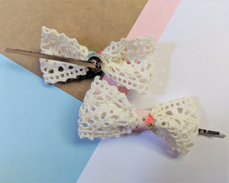 Rustic lace bow hair clip set of 2 pink/blue floral fabric bobby pin hair accessories for wedding, women and girls image 4