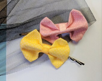 Cute mini polka-dot hair bows, set of 2 (pink/yellow) hair pins, bobby pin bows ~ cotton fabric bow hair accessories for women and girls