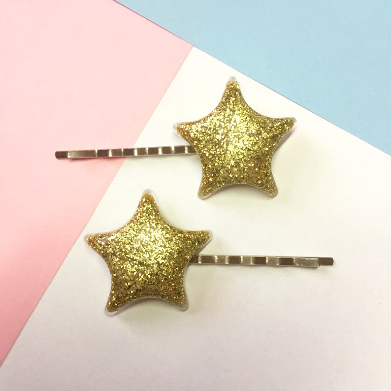 Glitter ster bobby pin haarclips, 2 stuks ster haarclip set 6 kleuren Leuke clip in ster haaraccessoires, hars kunst haarclip afbeelding 2