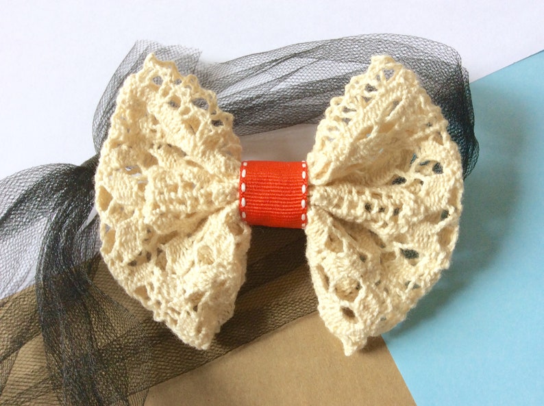 Rustic cotton lace ribbon bow hair clip, cute cream and red hair bow Autumn fashion hair accessories for women and girls image 3