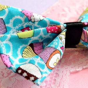 Cute hair bow, kitsch cupcake pattern fabric bow hair clip yellow/blue clip in hair accessories choice of 2 image 6