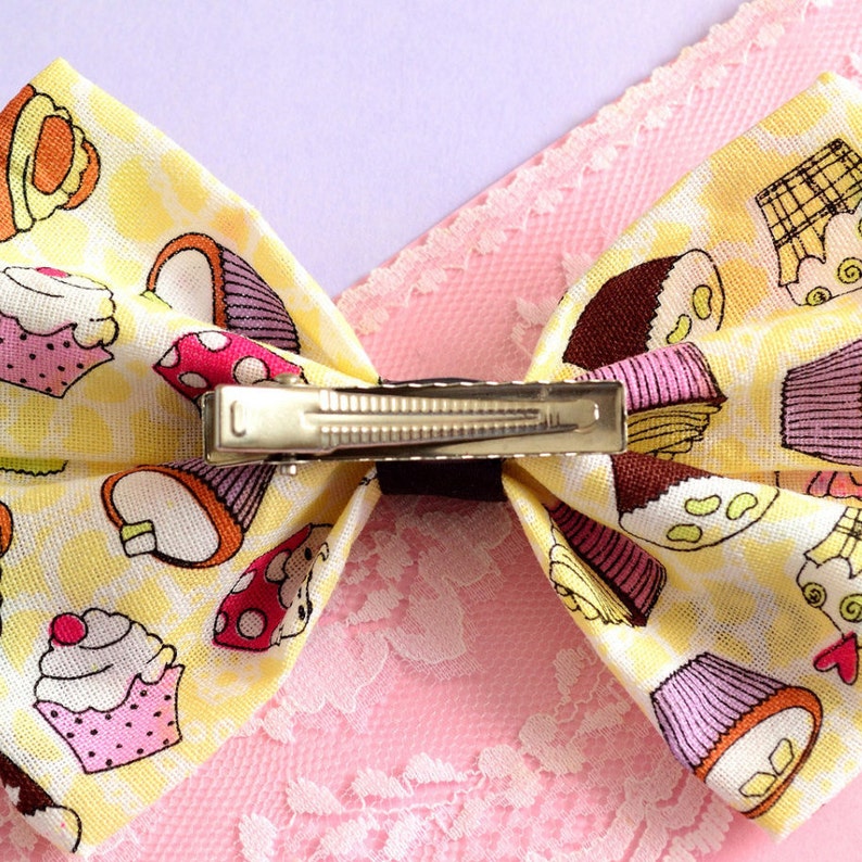 Cute hair bow, kitsch cupcake pattern fabric bow hair clip yellow/blue clip in hair accessories choice of 2 image 5