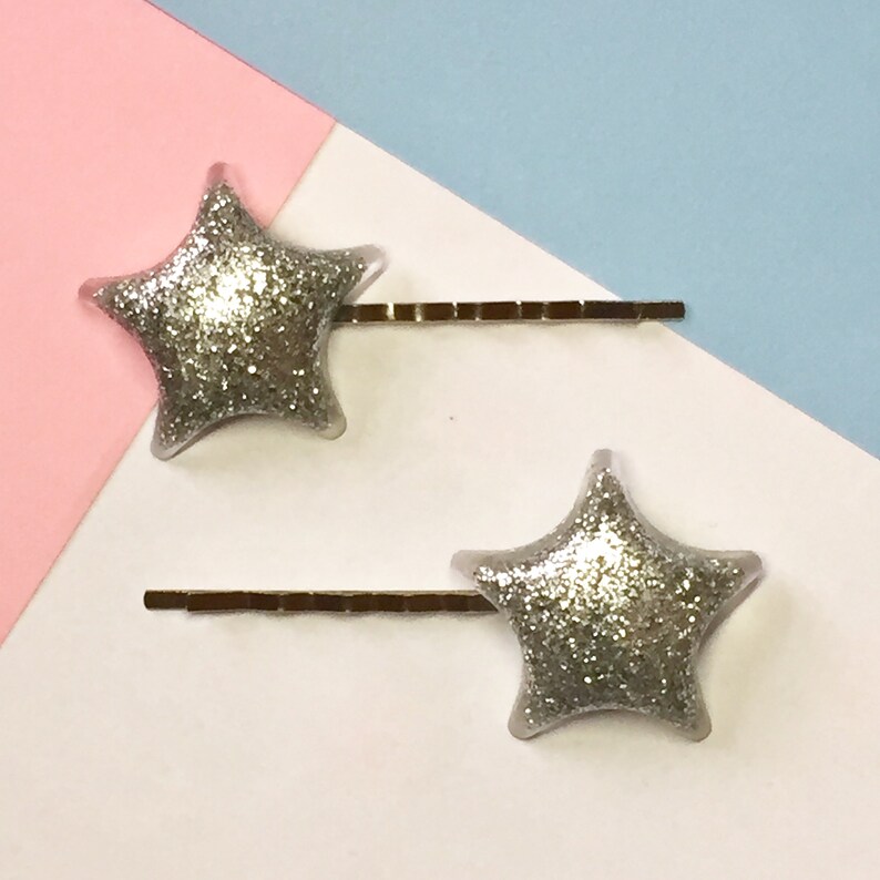 Glitter star bobby pin hair clips, 2 pcs star hair clip set 6 colours Cute clip in star hair accesssories, resin art hair clip image 6