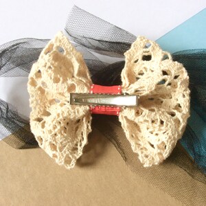 Rustic cotton lace ribbon bow hair clip, cute cream and red hair bow Autumn fashion hair accessories for women and girls image 2