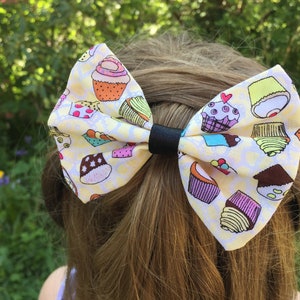 Cute hair bow, kitsch cupcake pattern fabric bow hair clip yellow/blue clip in hair accessories choice of 2 image 8