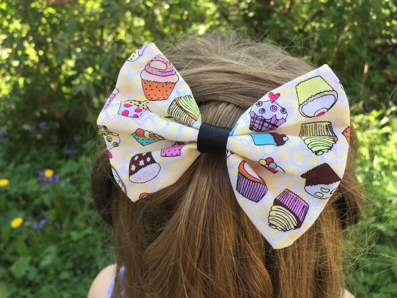 Cute hair bow, kitsch cupcake pattern fabric bow hair clip yellow/blue clip in hair accessories choice of 2 image 8