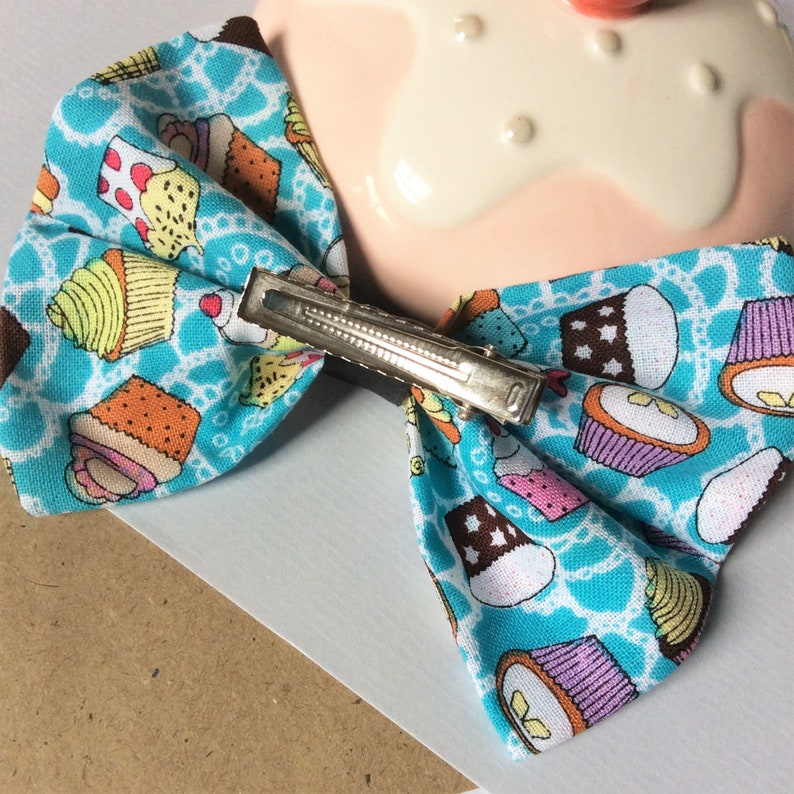 Cute hair bow, kitsch cupcake pattern fabric bow hair clip yellow/blue clip in hair accessories choice of 2 image 4