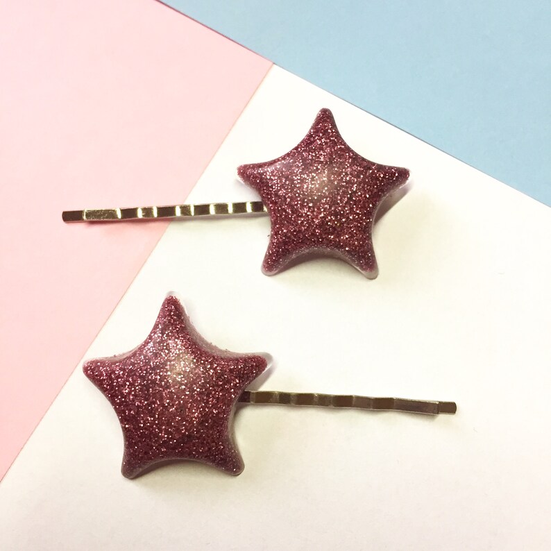 Glitter star bobby pin hair clips, 2 pcs star hair clip set 6 colours Cute clip in star hair accesssories, resin art hair clip image 3