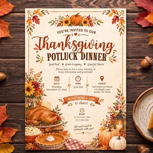 Op de afbeelding: Een rechthoekige uitnodigingskaart voor een Thanksgiving-potluckdiner met illustraties van gebraden kalkoen, pompoentaart, zonnebloemen en herfstbladeren. De tekst luidt: You're invited to our Thanksgiving Potluck Dinner, Thursday, November 27, 2025, 5:00 PM, at The Anderson Home, 123 Maple Lane, Austin, TX 78704.