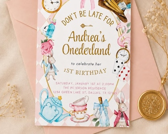 Alice in Wonderland 1st Birthday Invitation, Whimsical Tea Party, Canva Template (Digital Download)