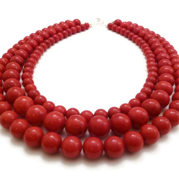 Red Necklace - Multi Strand Necklace - Statement Necklace - Mountain Jade - Three Strand Necklace - Marble Necklace