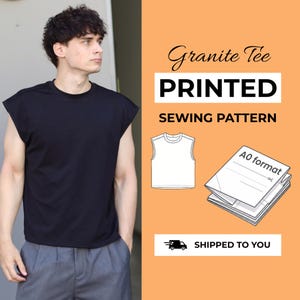 May include: A black sleeveless t-shirt with a crew neckline. The graphic design features the text Granite Tee PRINTED SEWING PATTERN, a line drawing of the shirt, and a stack of papers labelled A0 format with a scissor icon for cutting.