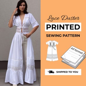 Printed Lace Duster Sewing Pattern, Beach Cover Up Paper Pattern, Boho Duster Robe Pattern Shipped, XXS-XXXL + Detailed Instruction